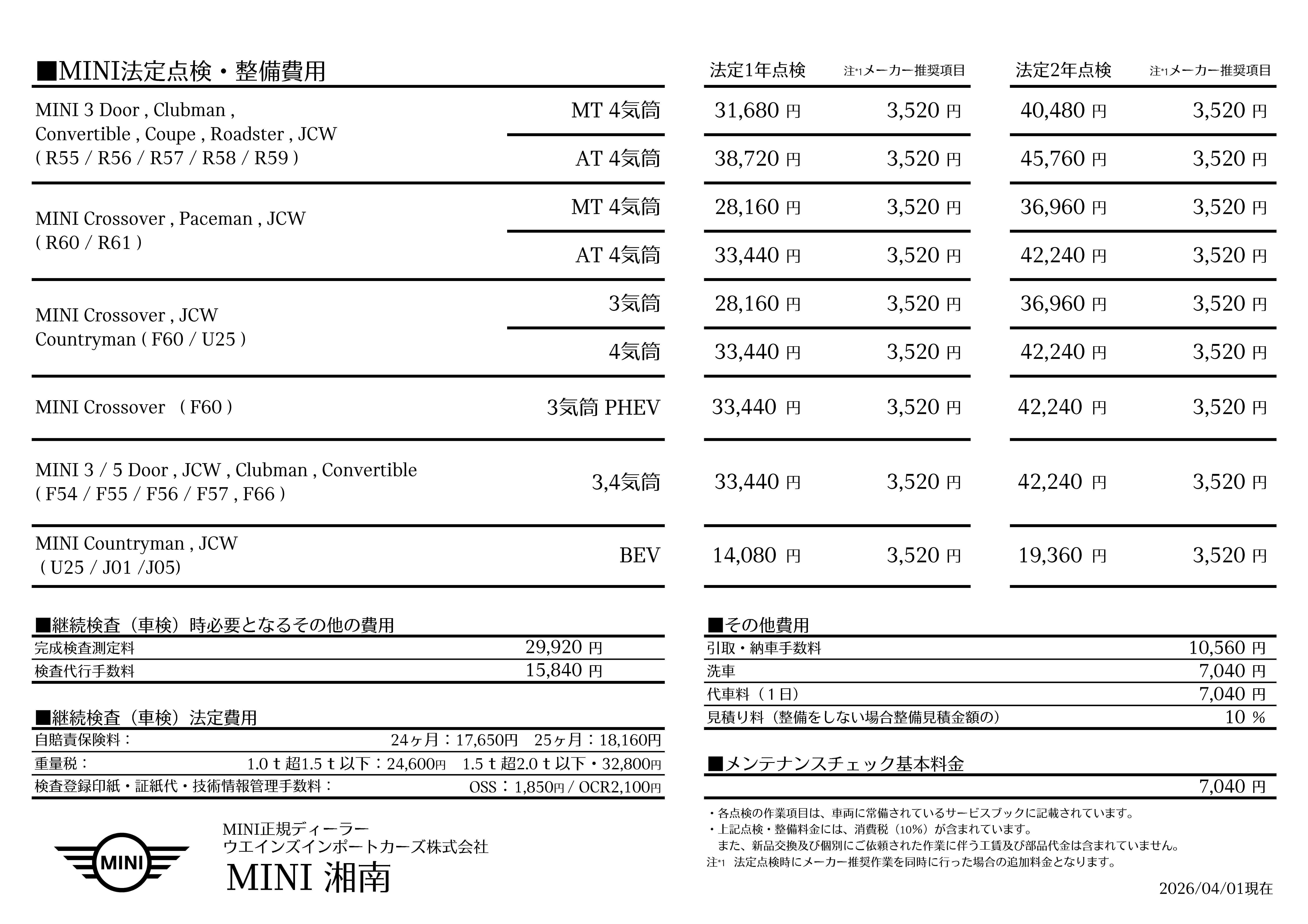 sii値段交渉可 点検整備料金表 | MINI 湘南 / MINI NEXT 湘南